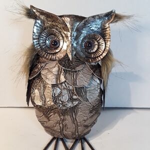 Metallic And Leather Owl Art Sculpture Faux Fur Accents (F)